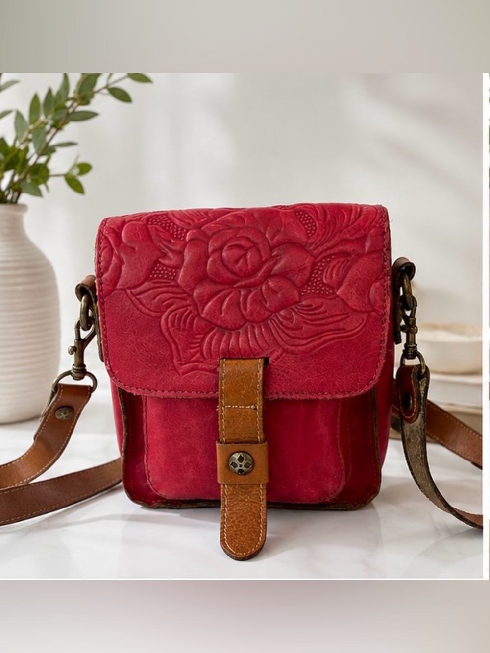 Patricia Nash Red Embossed Floral Leather Crossbody Bag